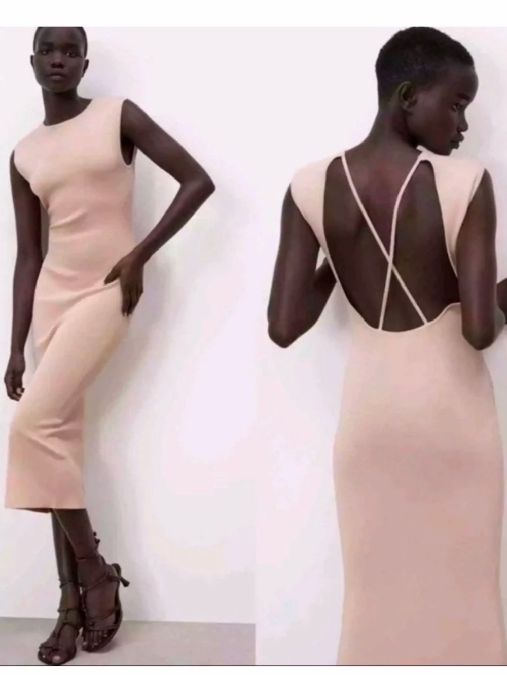 Zara Blush Pink Bodycon Open Back Sleeveless Midi Dress